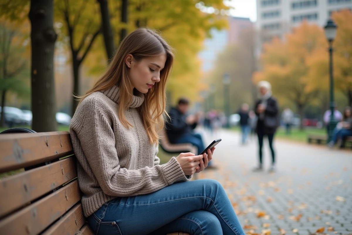 Jeune femme dans un parc en automne utilisant son smartphone