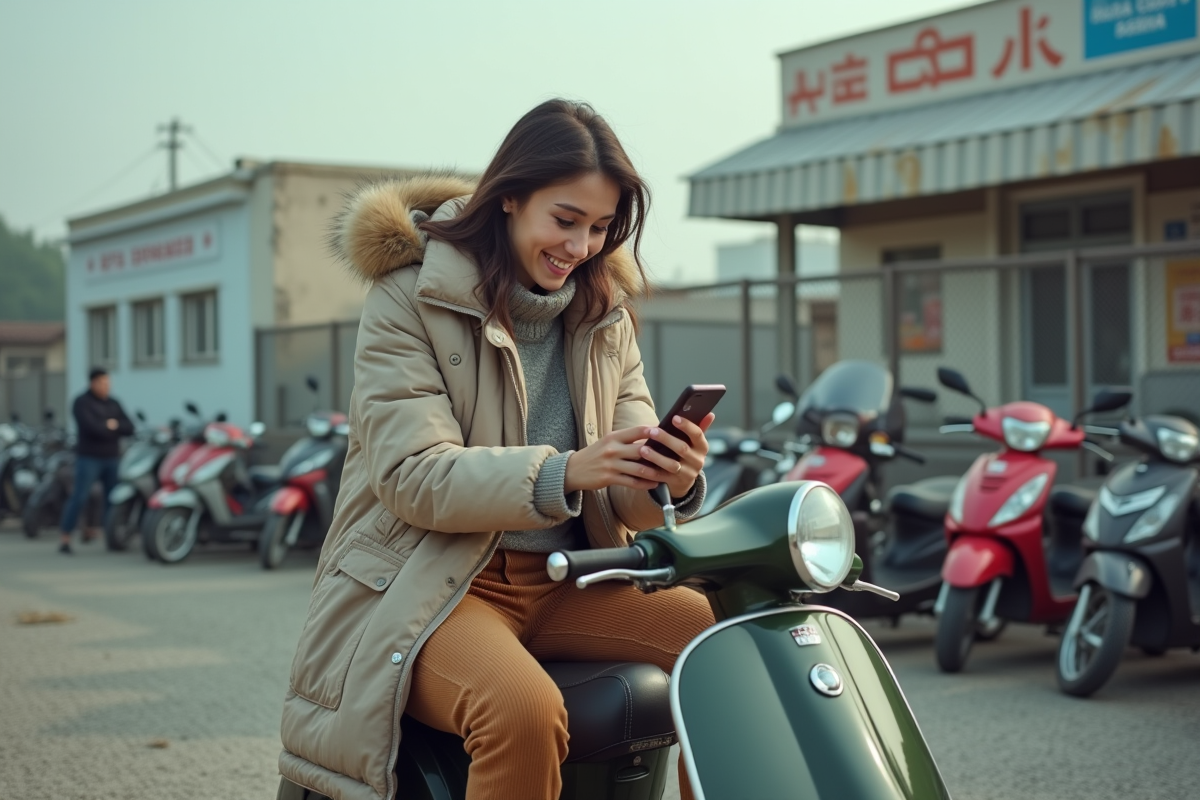 Femme souriante sur une moto d