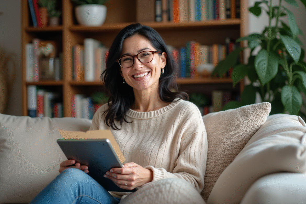 Femme souriante avec tablette dans un salon chaleureux
