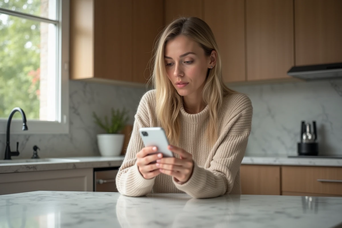 Femme méditerranéenne dans une cuisine moderne pensant