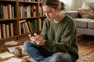 Jeune femme concentrée jouant à un jeu de puzzle sur smartphone dans un salon cosy, cherchant une solution discrète