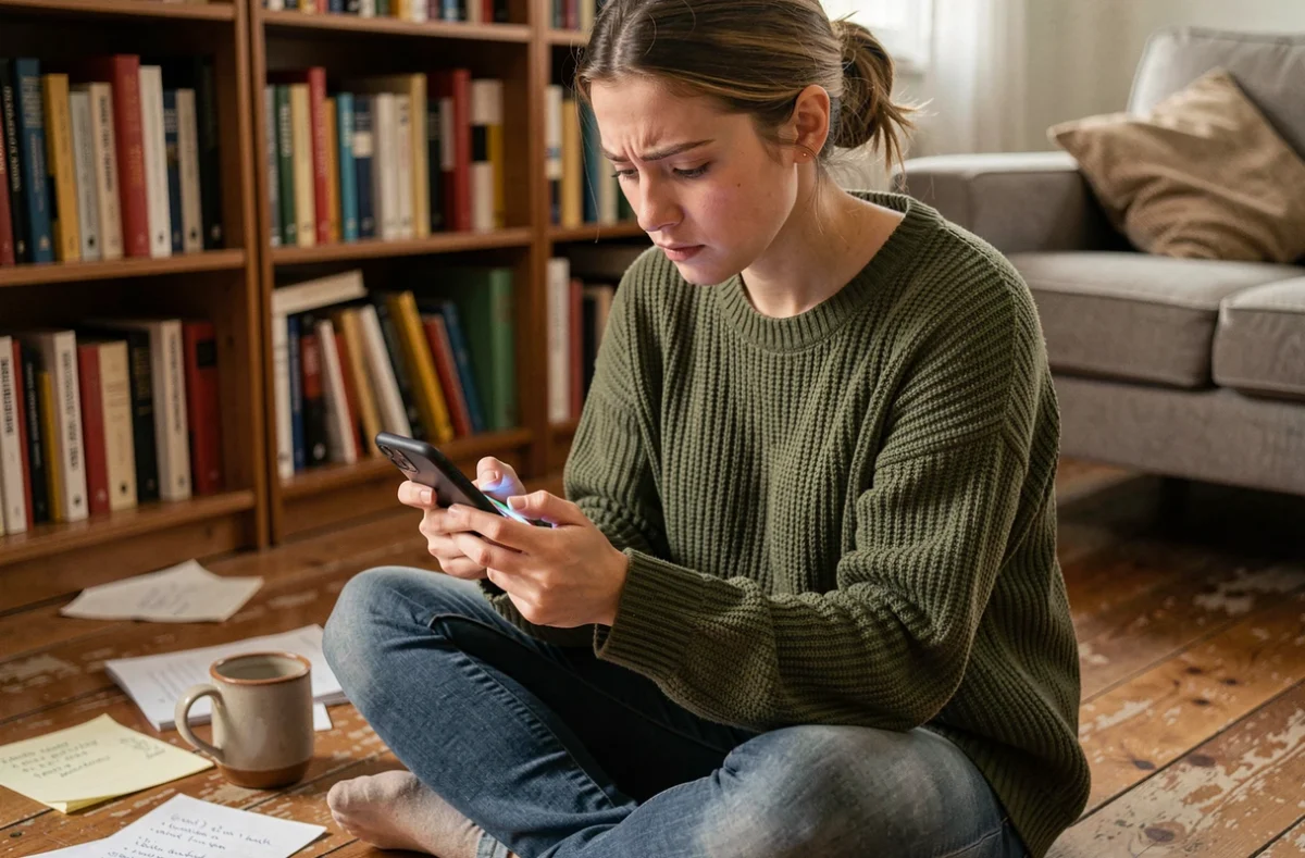 Jeune femme concentrée jouant à un jeu de puzzle sur smartphone dans un salon cosy, cherchant une solution discrète