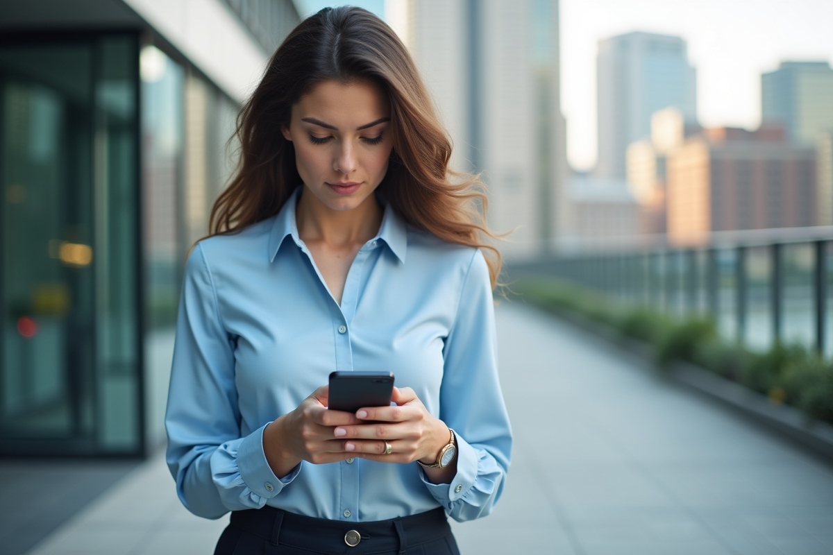 Femme urbaine utilisant son smartphone en extérieur avec VPN