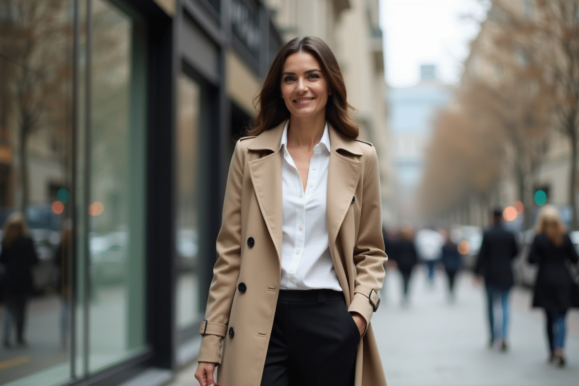 Femme en trench beige dans la ville dynamique