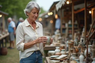 Femme examinant une poterie vintage sur un stand de troc et puces en plein air dans le Morbihan