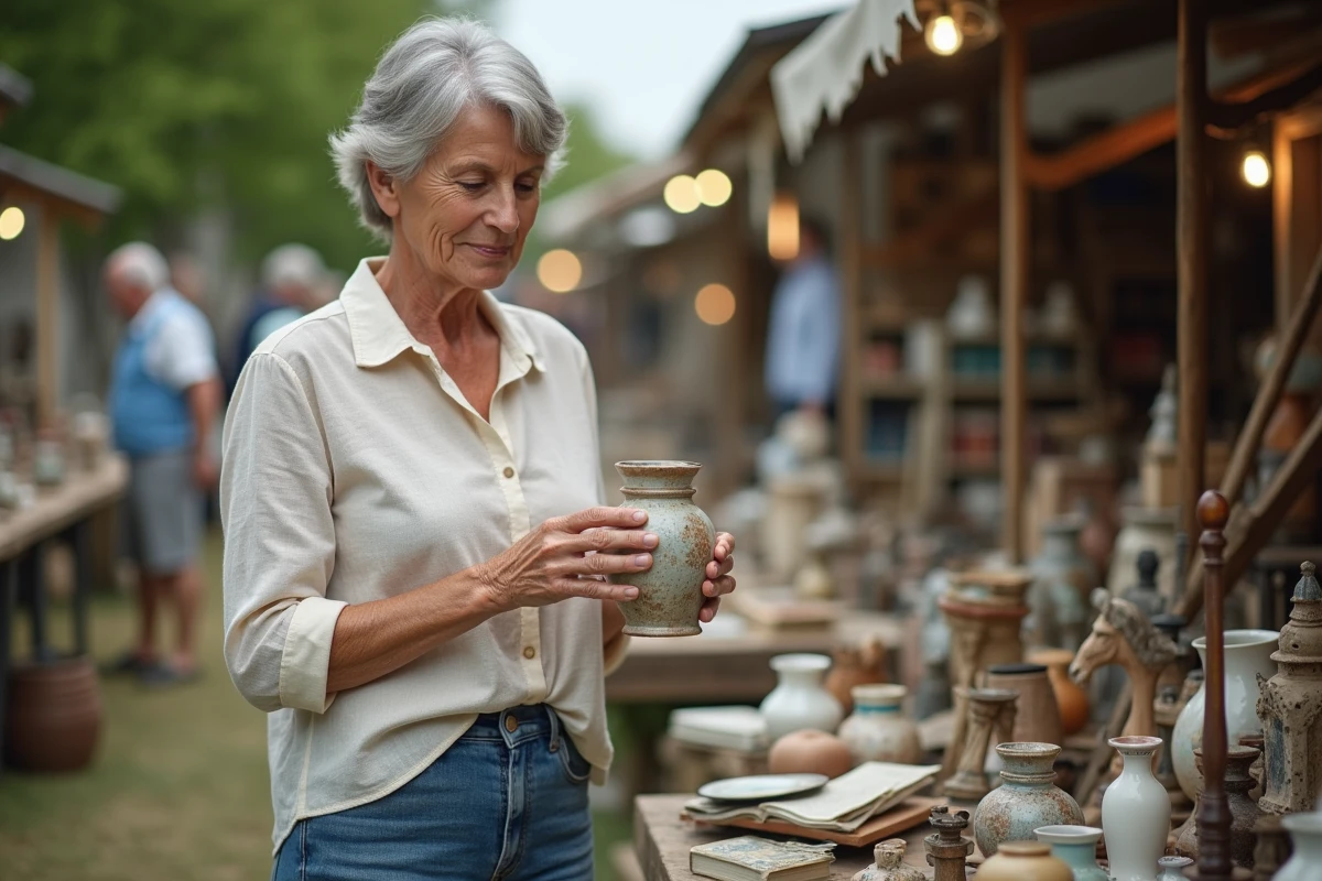 Femme examinant une poterie vintage sur un stand de troc et puces en plein air dans le Morbihan