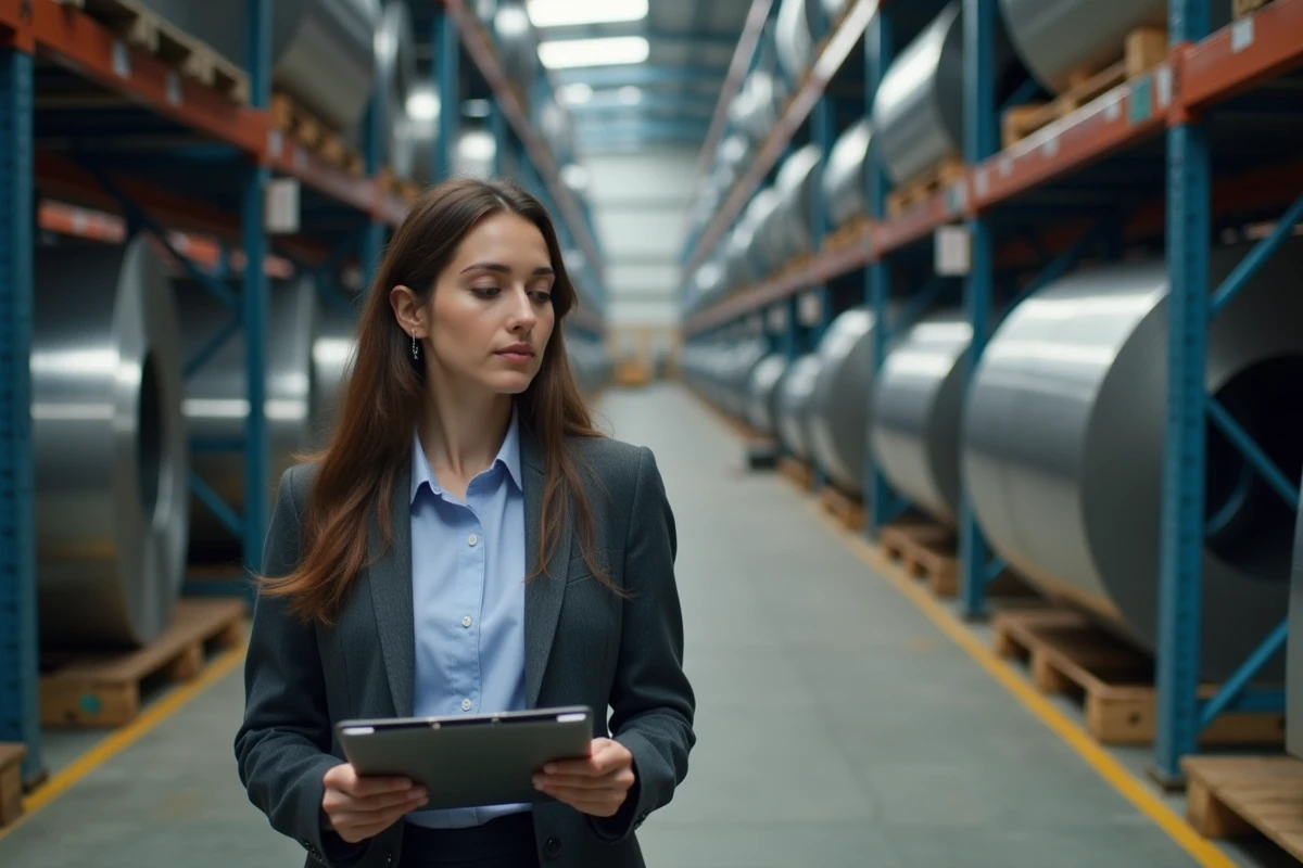 Jeune femme dans un entrepôt de métal avec liste de prix