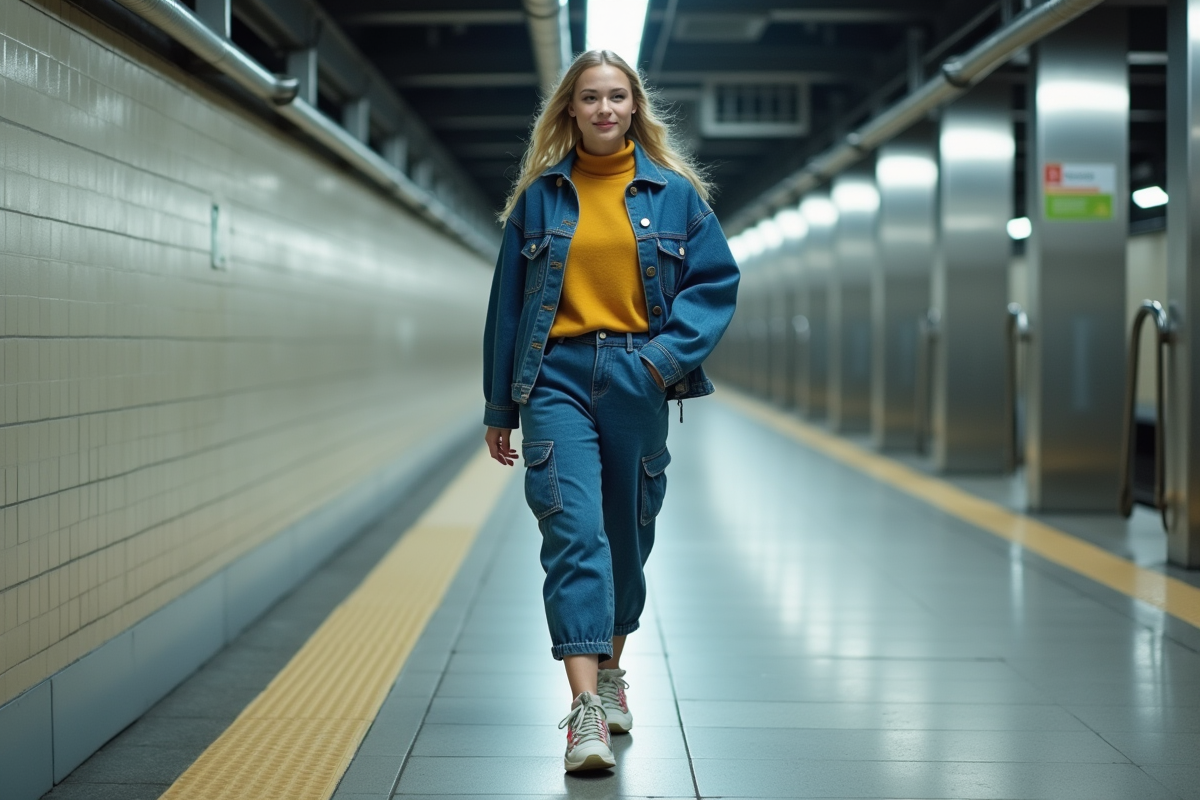 Femme confiante dans une station de métro urbaine