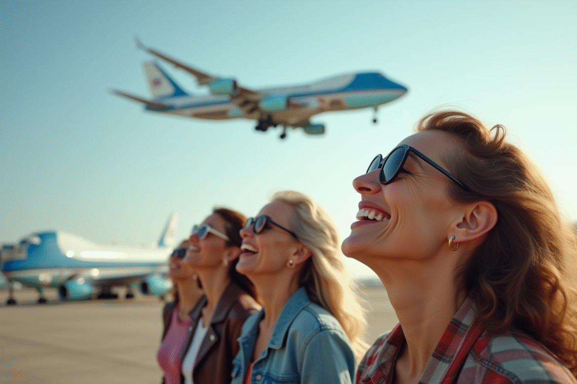 Femmes souriantes admirant Air Force One dans le ciel