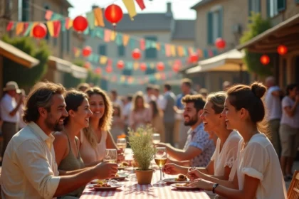 Famille et amis réunis autour de tables lors d'une fête de village animée dans le sud de la France en été
