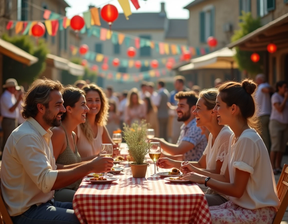 Famille et amis réunis autour de tables lors d'une fête de village animée dans le sud de la France en été