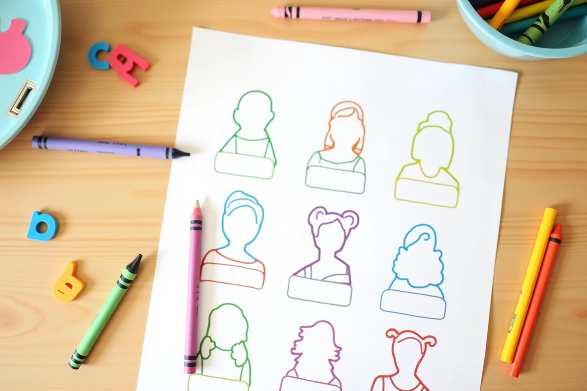 Vue du dessus d'une fiche pédagogique imprimée sur les Télétubbies entourée de crayons de couleur et de lettres en mousse sur un bureau en bois