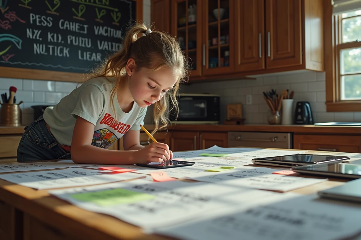 Adolescente analysant des notes Marvel sur une table de cuisine