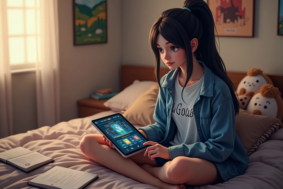 Adolescente souriante avec sa tablette Dofus dans sa chambre