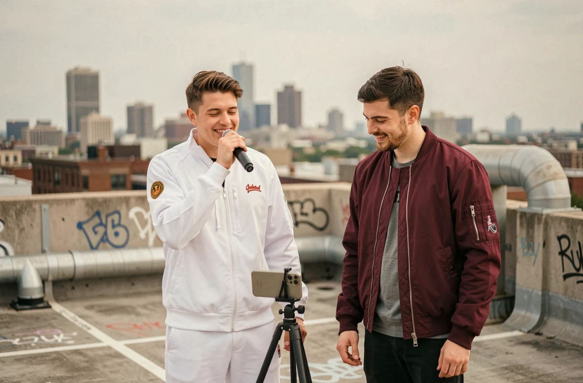 Deux rappeurs en session freestyle sur un rooftop urbain avec microphone et smartphone pour l'enregistrement