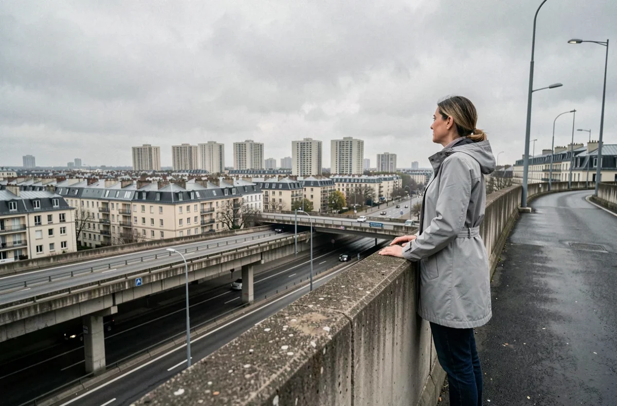 Femme observant la frontière entre Paris intra-muros et la banlieue depuis un pont au-dessus du Périphérique
