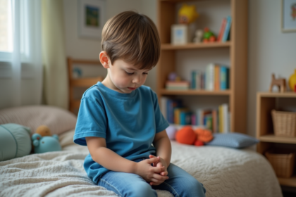 Garçon de 9 ans pensif dans sa chambre cosy