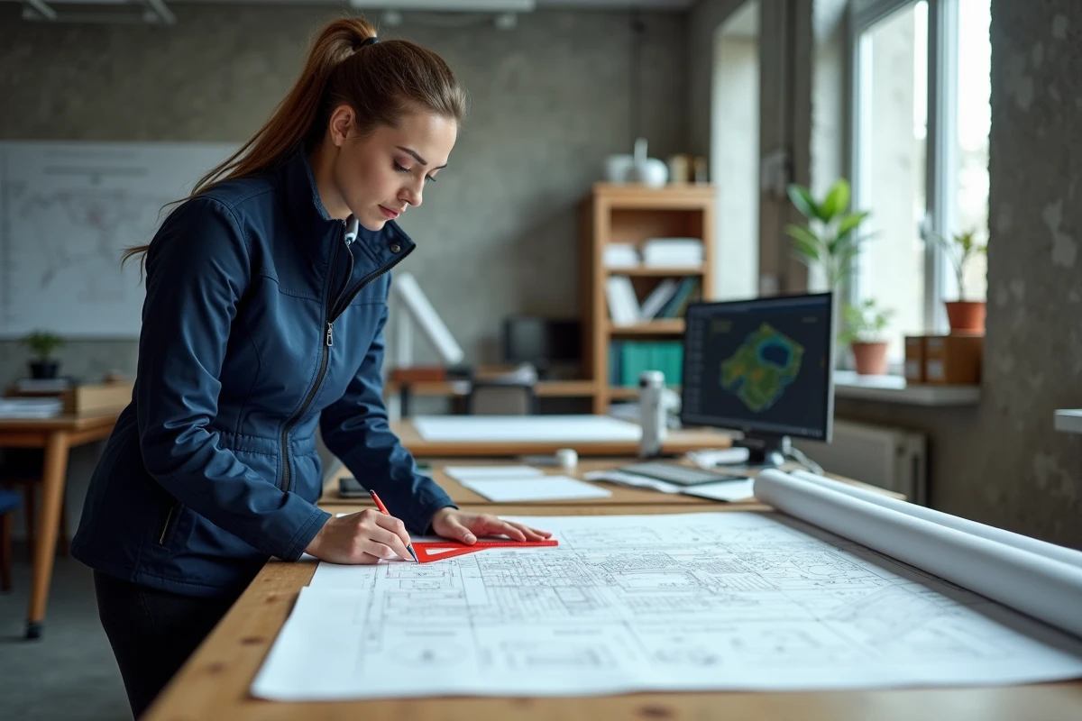 Géomètre experte analysant un plan cadastral détaillé dans un bureau d'études topographiques