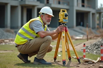 Géomètre professionnel réglant une station totale sur un chantier urbain pour effectuer des mesures de précision