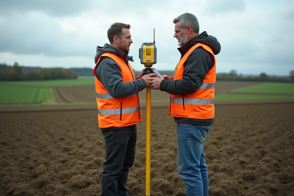 Deux géomètres effectuant un relevé GPS par GNSS dans un terrain agricole rural avec équipements de mesure