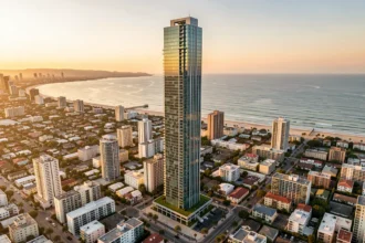 Gratte-ciel résidentiel de luxe dominant une grande ville côtière
