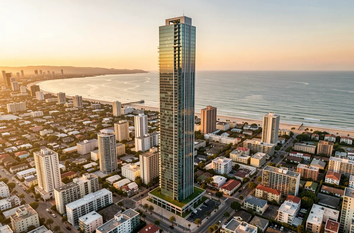 Gratte-ciel résidentiel de luxe dominant une grande ville côtière