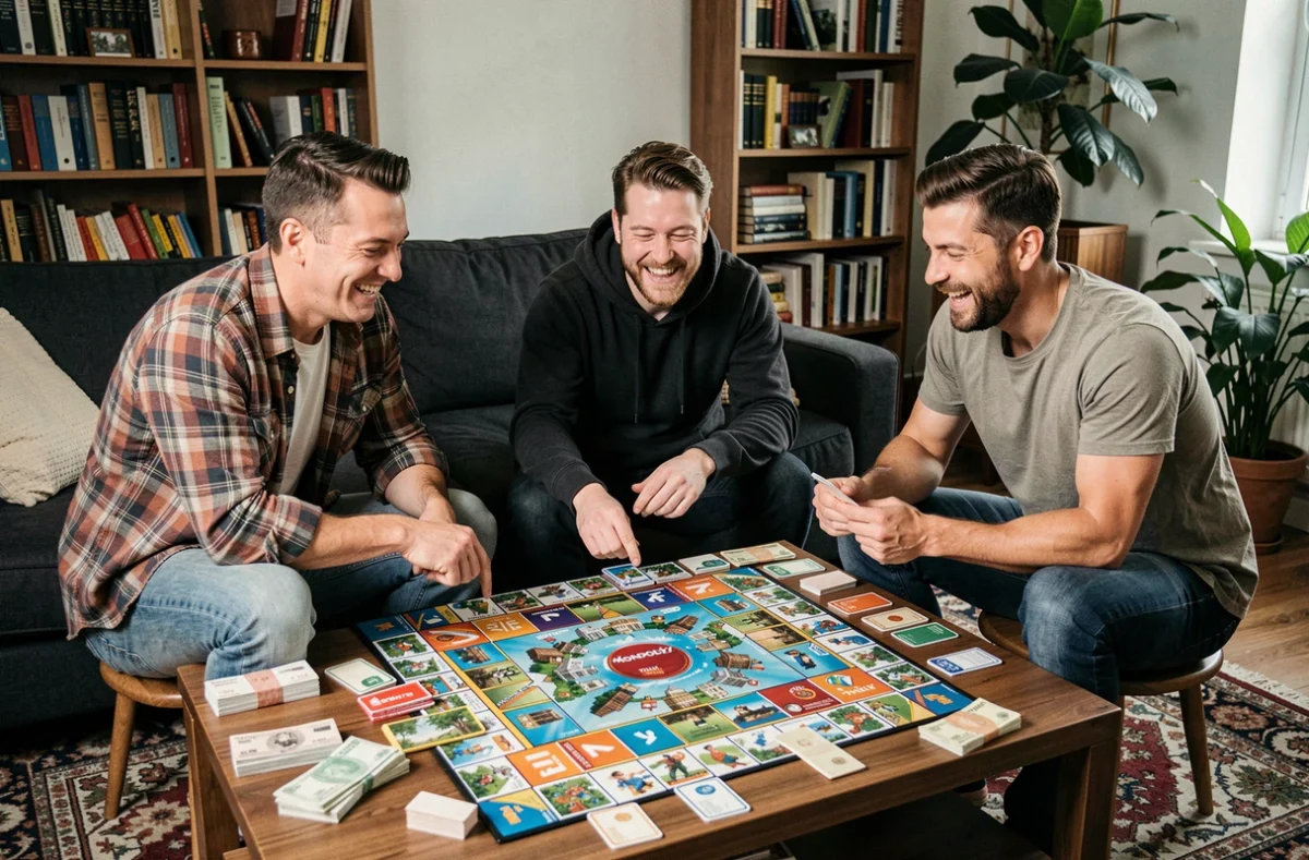 Groupe d'adultes jouant à Monopoly Ville autour d'une table basse dans un salon convivial