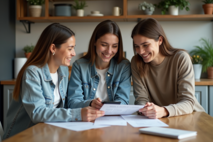 Trois jeunes adultes souriants autour d'une table à gérer leurs finances