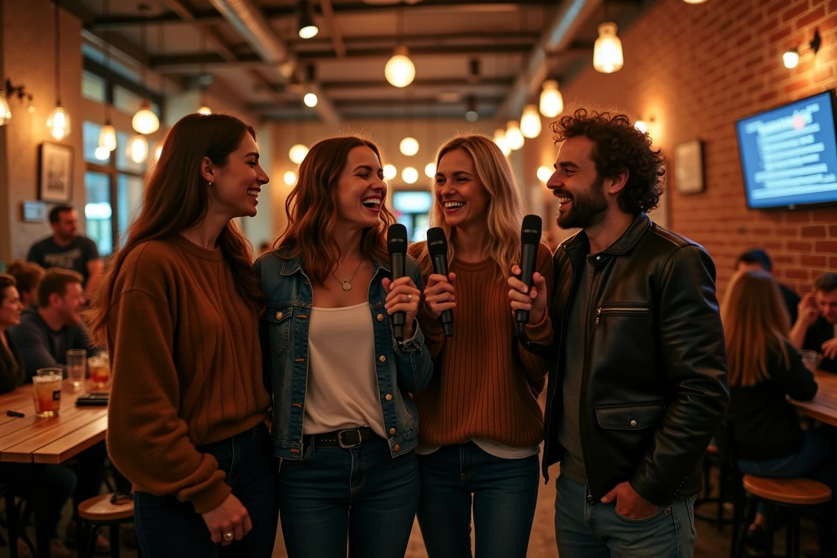 Groupe d'amis chantant ensemble au karaoké dans un bar-restaurant animé, partageant des microphones et riant