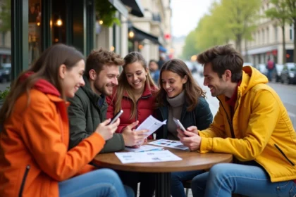 Groupe d'amis souriants à un café parisien en plein air