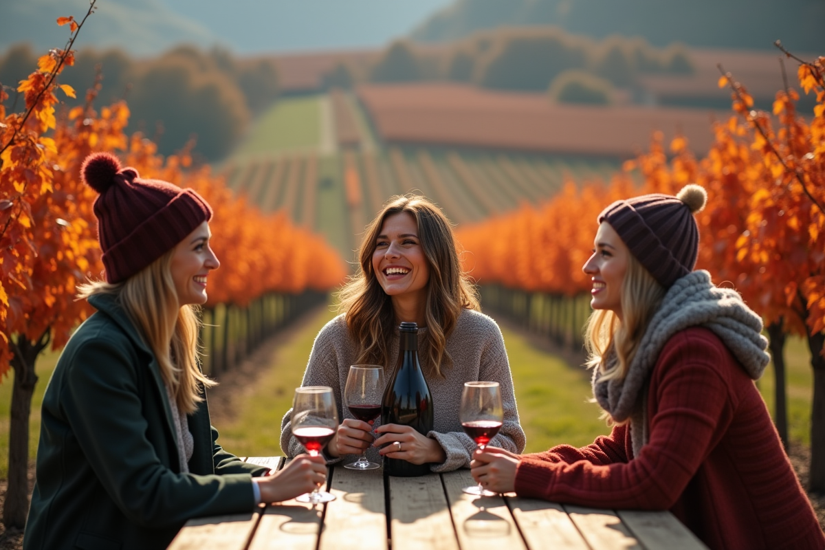 Groupe de trois amateurs de vin dégustant en extérieur