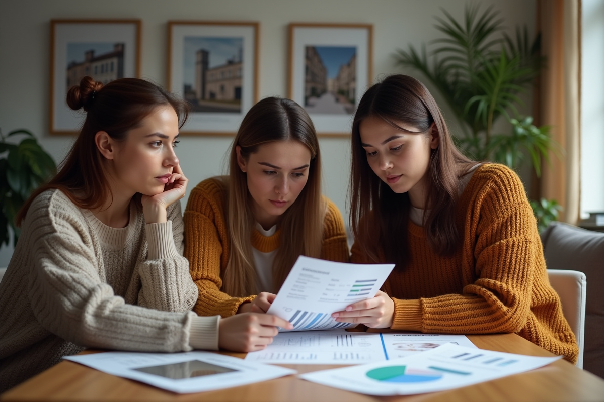 Groupe de trois personnes analysant des documents immobiliers