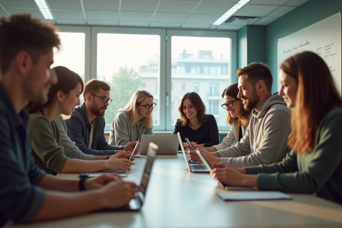 Groupe de jeunes adultes collaborant en salle moderne