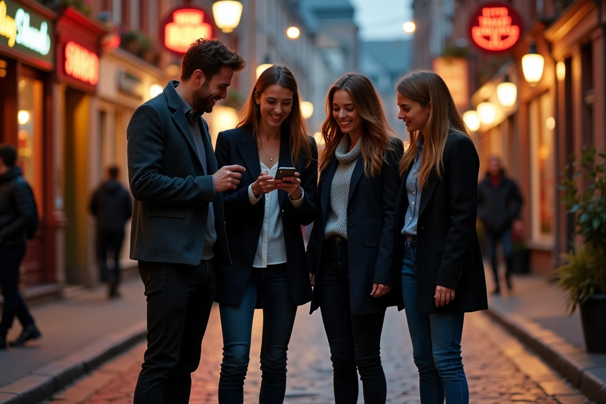 Groupe de jeunes adultes consultant leur téléphone devant une boîte de nuit à Lille, architecture flamande en arrière-plan
