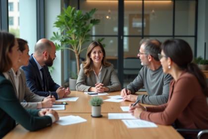 Groupe de six adultes en réunion de travail dans un bureau moderne