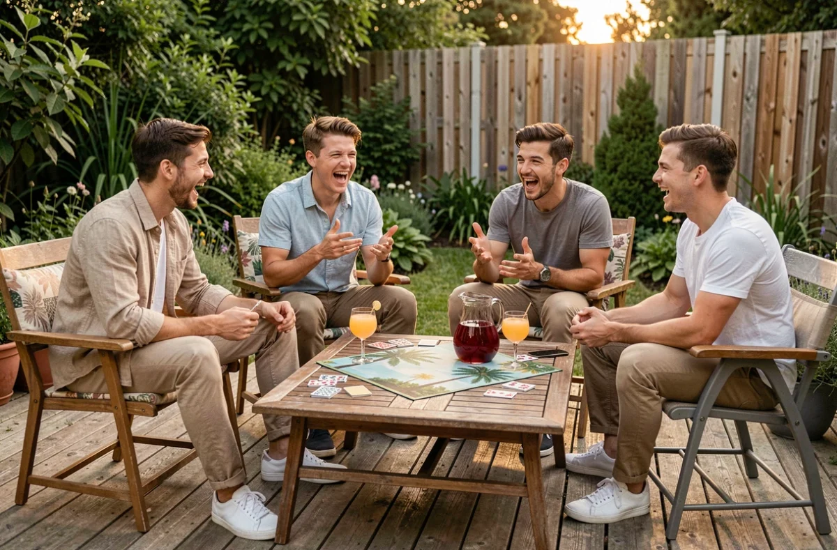 Quatre jeunes adultes jouant à la règle Palmier alcool sur une terrasse en bois entourée de végétation avec verres de cocktails sur la table