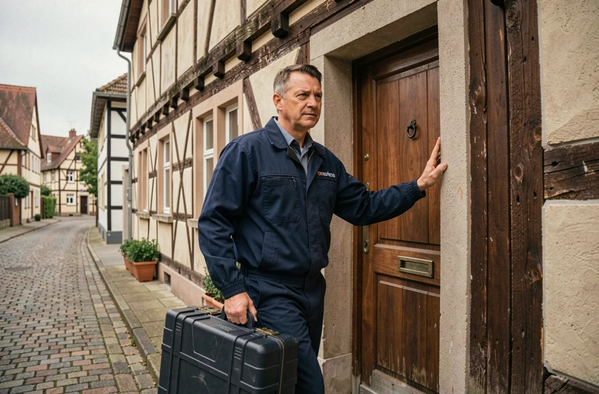 Technicien HomeServe Électricité arrivant en urgence devant une maison à colombages normande