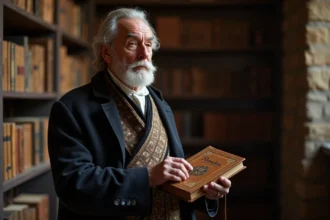 Homme âgé catalan dans une bibliothèque ancienne