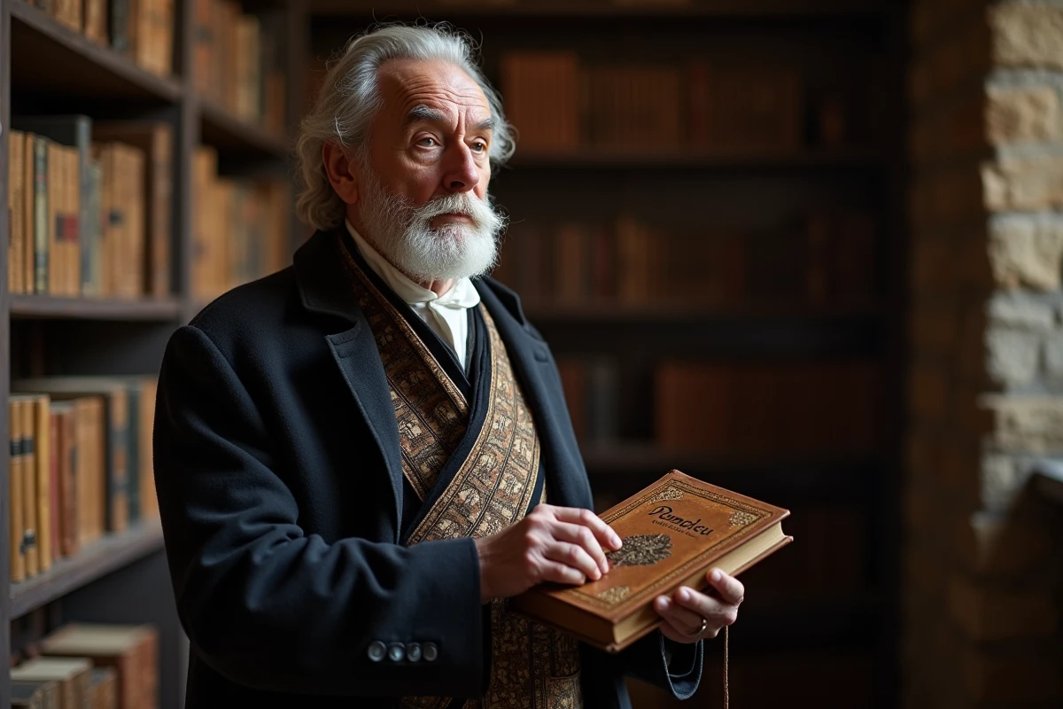 Homme âgé catalan dans une bibliothèque ancienne