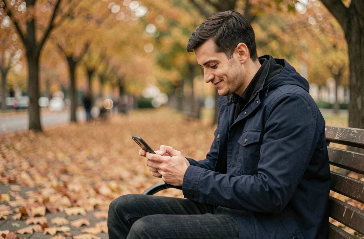 Homme souriant sur un banc de parc regardant son téléphone, symbole des connexions invisibles et des signes qu'une personne pense à vous