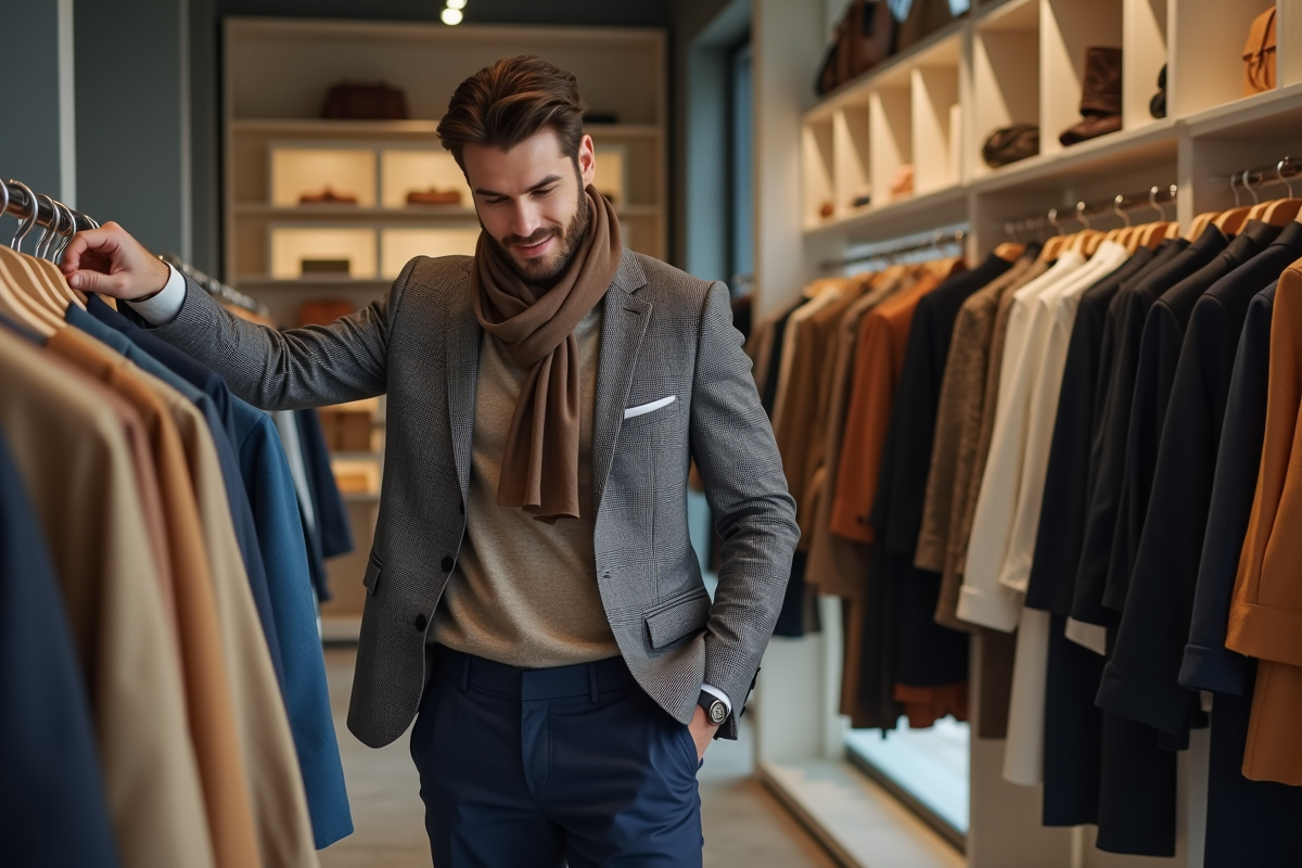 Jeune homme dans boutique de mode avec vetements