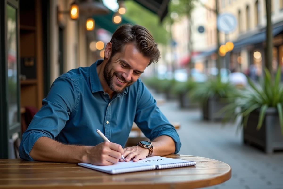 Homme lisant un carnet dans un café en plein air