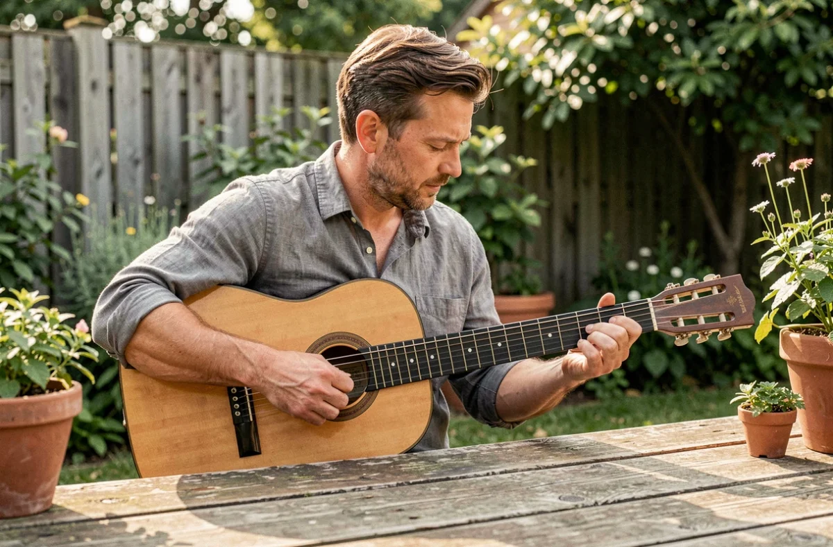 Homme adulte débutant qui pratique des accords faciles à la guitare classique dans un jardin