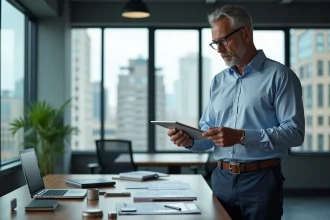 Homme d affaires examine un échantillon d acier en bureau
