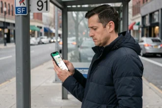 Homme consultant Google Maps en temps réel à un arrêt de bus numéro 91 en ville