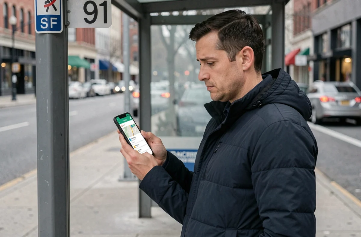 Homme consultant Google Maps en temps réel à un arrêt de bus numéro 91 en ville