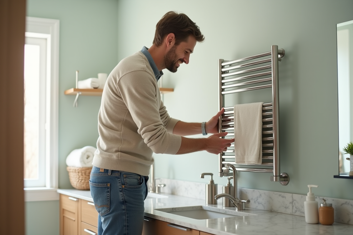 Homme en jeans installant un chauffe-eau électrique dans une salle de bain familiale