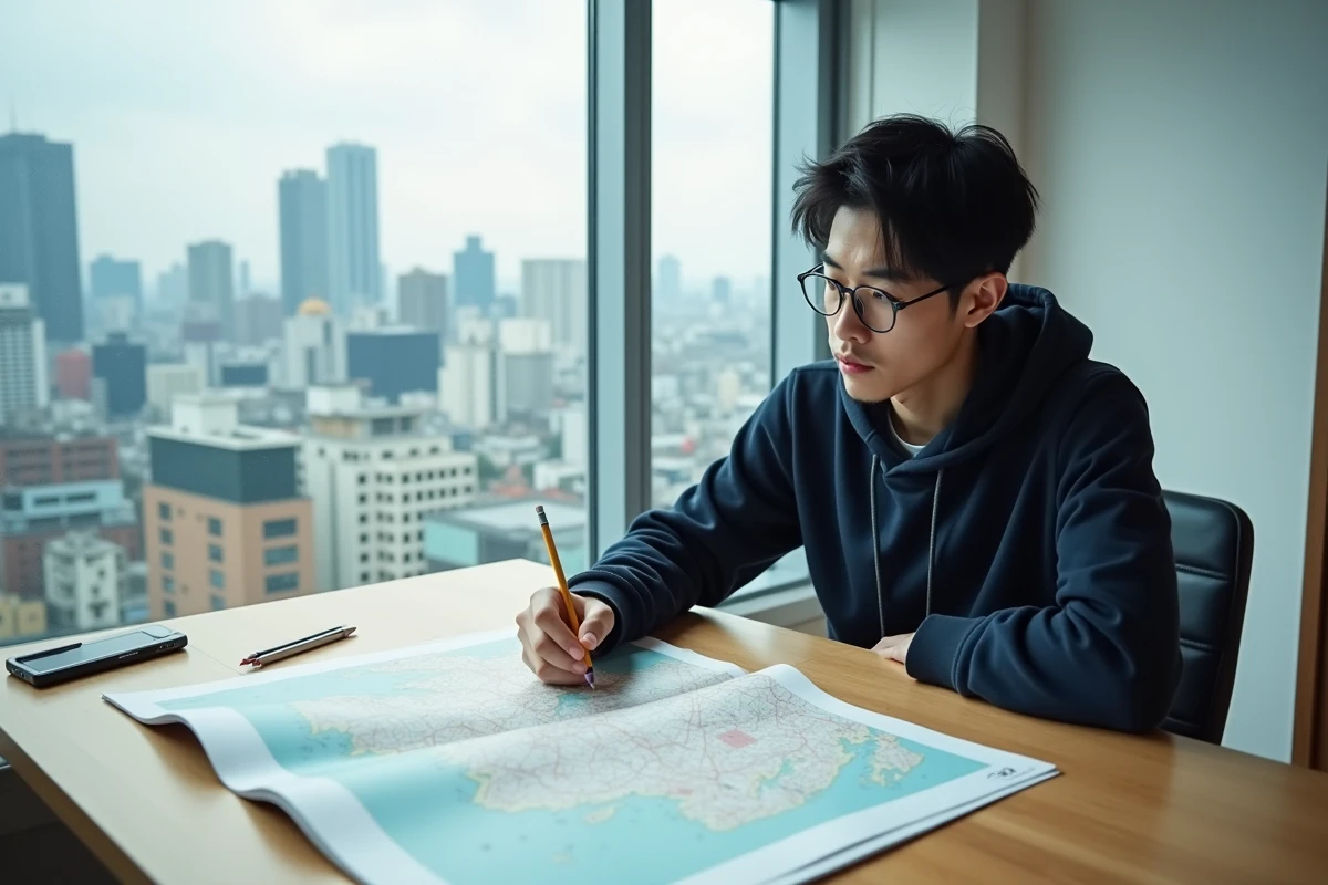 Jeune homme japonais étudiant une carte du Japon pour résoudre des mots fléchés sur les villes japonaises
