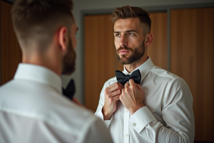 Jeune homme en blanc ajuste un nœud papillon noir dans le miroir