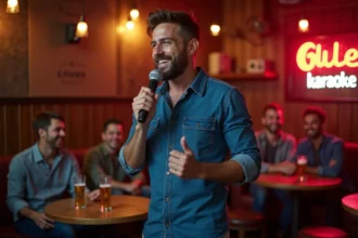 Homme chantant au karaoké dans un bar chaleureux, tenant un microphone avec assurance devant ses amis